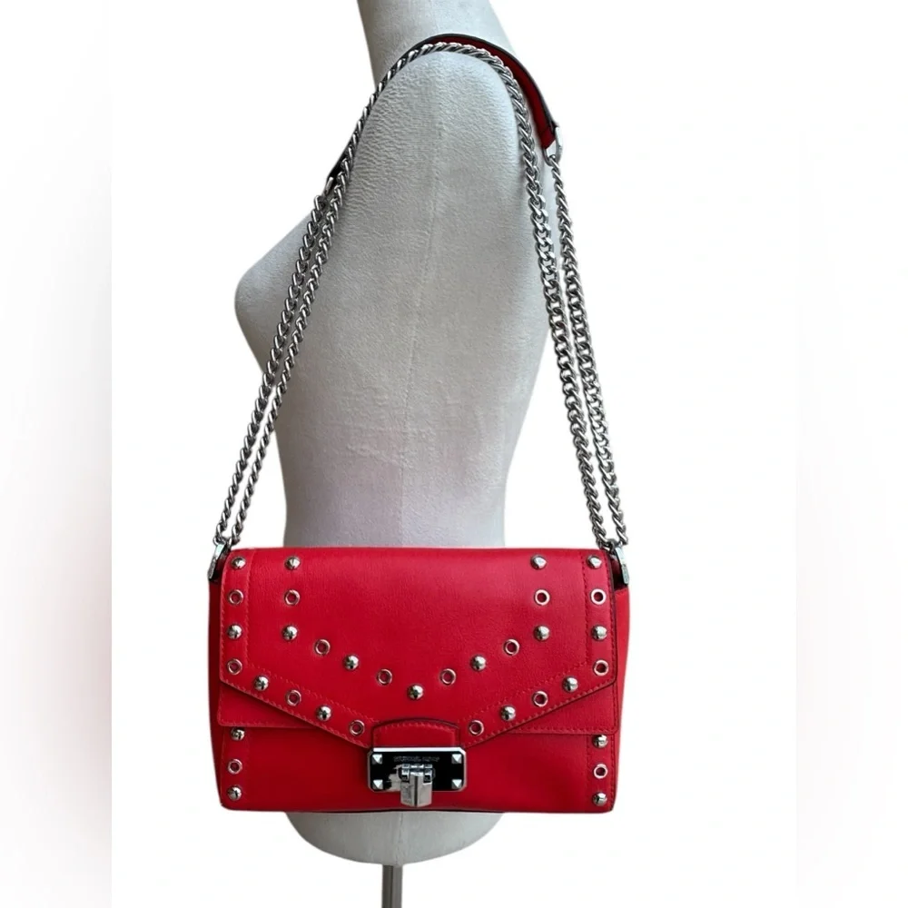 Michael Kors Kinsley Red Leather Studded Crossbody